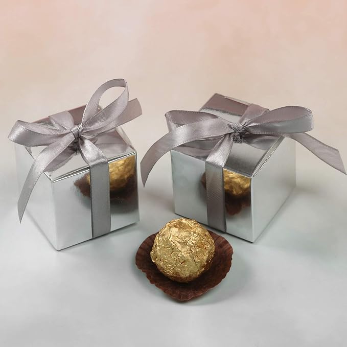 COTOPHER 100pcs Small Gift Boxes, Favor Boxes 2x2x2 inches Paper Gift Boxes with Ribbons Candy Box for Wedding Favors Baby Shower Bridal Shower Birthday Party (100 Metallic Silver)