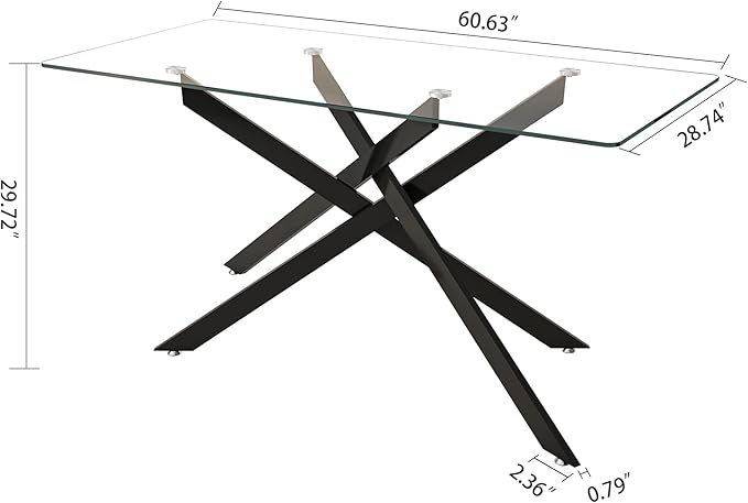 60" Rectangular Glass Dining Table Modern Kitchen Glass Top Table for 6 with Black Metal Legs, Clear Dining Table Kitchen Table for Home Office Dining Room
