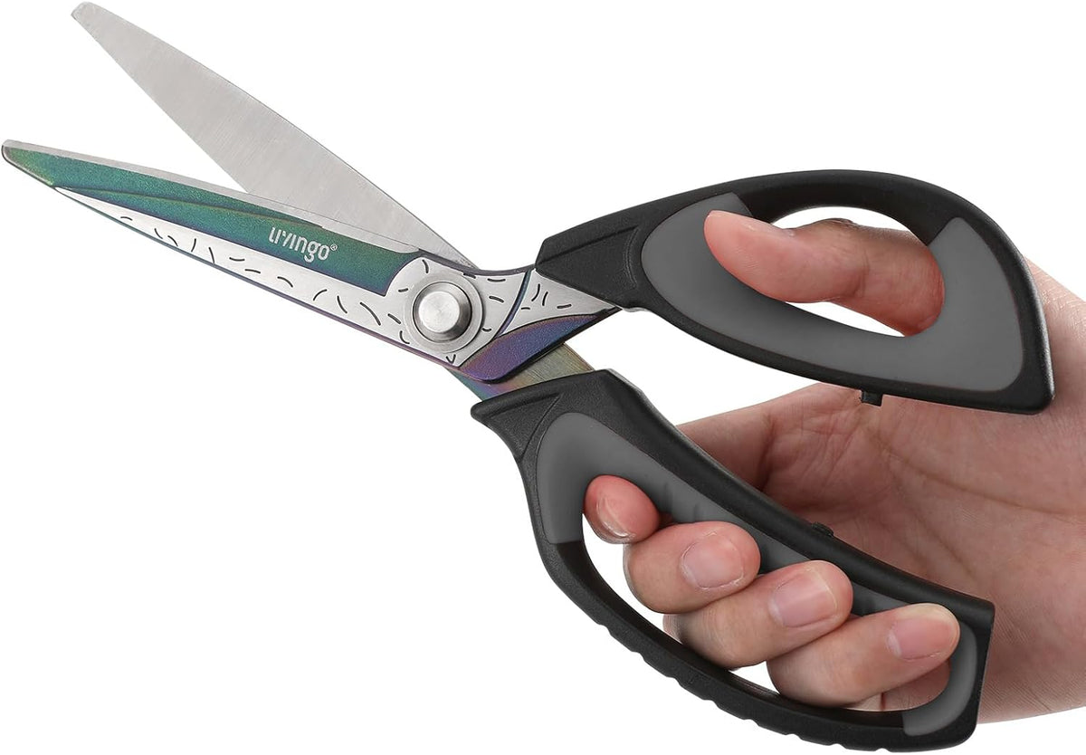 LIVINGO Heavy Duty Industrial Scissors: 10" Utility Stainless Steel Sharp Scissors all Purpose Premium Titanium Coating Forged Shop Shears for Household Pruning, Gardening, Construction, Black & Grey