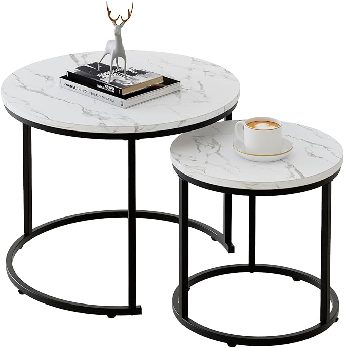 aboxoo Round Nesting Coffee Table Side Table Set of 2 End Tables for Living Room Bedroom Balcony, White Faux Marble Wooden Table Accent Coffee Table with Black Steel Frame