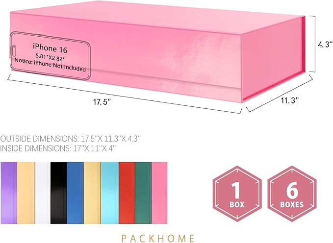 PACKHOME Extra Large Gift Box 17.5x11.3x4.3 Inches, Sturdy Shirt Box with Magnetic Lid for Clothes and Large Gifts (Glossy Pink)
