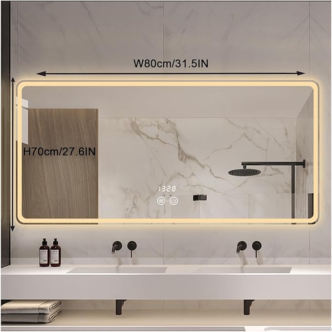 Smart Lighted Bathroom Mirror for Wall，Bathroom Mirror with LED Lights，Energy-Saving LED Smart Mirrors，LED Mirror for Bathroom，with Demister Pad and Smart Touch Switch(H70*W80cm/H27.6*W31.5IN)