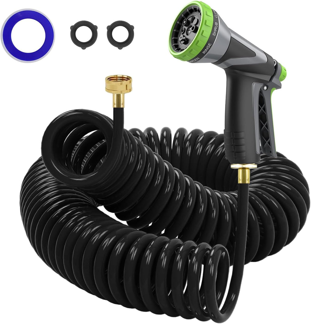 Coil Hose,3/8" EVA Coil Garden Hose 75 FT,Curly Water Hose Lightweight with Brass Connectors,Recoil Garden Hose Includes 8-Pattern Spray Nozzle for Boat, Yard, Patio, Green