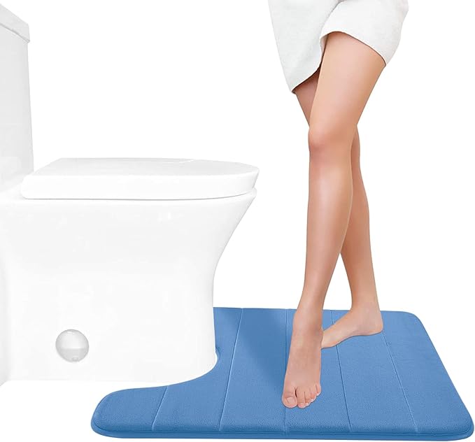 Yimobra Memory Foam Toilet Bath Mat U-Shaped, Soft and Comfortable, Super Water Absorption, Non-Slip, Thick, Machine Wash and Easier to Dry for Bathroom Commode Contour Rug, 24 X 20 Inches, Blue