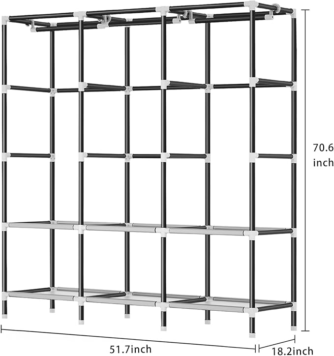 LOKEME Wardrobe Closet,Portable Closet for Bedroom Steel Pipe Diameter 19mm Strong and Sturdy Black Portable Closets for Hanging Clothes with 3 Hanging rods, 6 Storage Shelves and Side Pockets