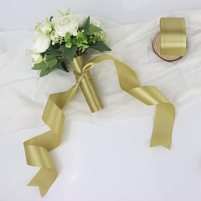 Champagne Gold Solid Satin Ribbon 2 Inch 25 Yards Solid Polyester Fabric Ribbon for Gift Wrapping Wedding Christmas Baby Shower Birthday Party Decoration Handmade Immortal Flower Craft