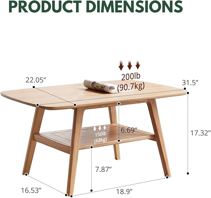 Wood Coffee Table - 100% Solid Oak Wood - Double Storage Coffee Table, Eco-Friendly Finish Center Table - Easy Assembly (Natural, 31.49" D x 19.68" W x 17.32" H)