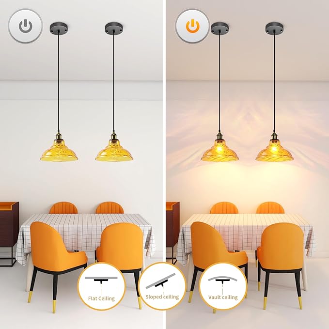 Kitchen Island Pendant Lights, Farmhouse Vintage Pendant Lighting 11.02" Small Nordic Amber Glass Hanging Pendant Lighting Fixtures Over Dining Room Table for Bedroom,Bar,Restaurant,E26