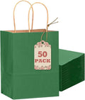 qiqee 50-Packs Gift Bag with Handles Bulk Kraft Deep Green Paper Bags Multiple Uses (8.3"x3"x6"inch Small Size)