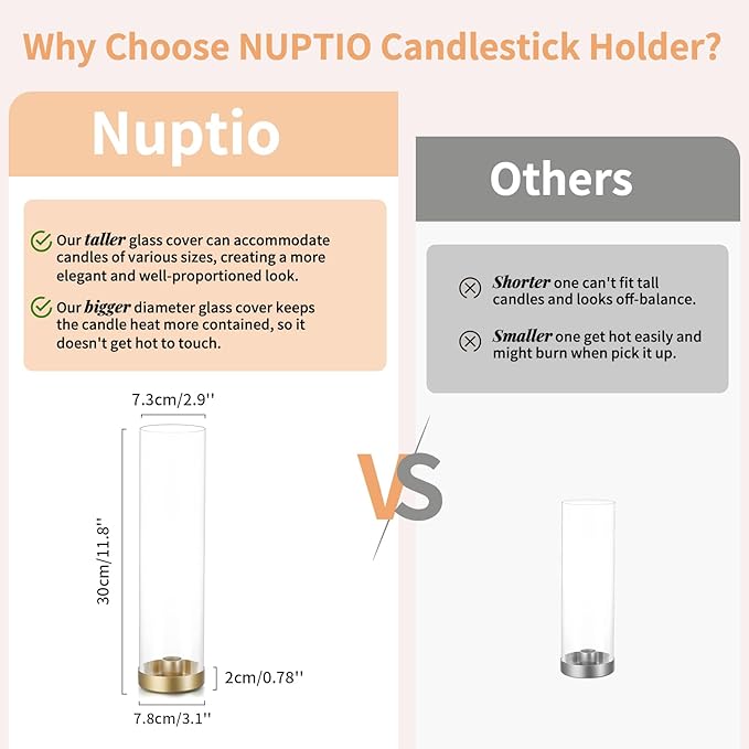 NUPTIO Hurricane Glass Candle Holders: 6 Pcs Gold Metal Taper Candlesticks Holder with 11.81 inch Long Clear Bottomless Cylinder Cover Stands for Wedding Anniversary Bridal Shower Table Centerpiece