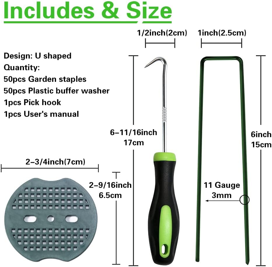 Bakulyor 50pcs Green Artificial Turf Stakes Staples + 50pcs Buffer Washer, 6 Inch 11 Gauge Landscape Staples, Galvanized Lawn Spikes, Heavy Duty Yard Ground Pin for Grass Weed Barrier Sod Fabric