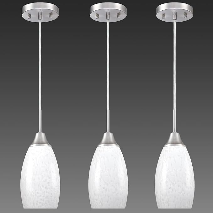 Mini Glass Pendant Light 4.72" with Handblown Milk White Marble Art Glass Hanging Light 3-Pack Oval Ceiling Hanging Light Fixture for Dining Room Kitchen Island Cafe Foyer Hallway