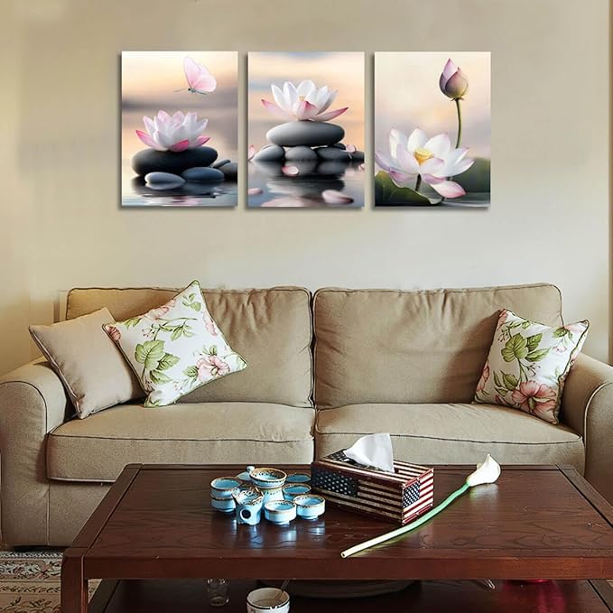 Arjun Flower Pink Lotus Wall Art Canvas Zen Stones Black Painting White Flower Pond Floral Bloosm Framed for Bathroom Spa Salon Living Room Bedroom Kitchen Home Office Wall Decor, 12"x16"x3 Panels