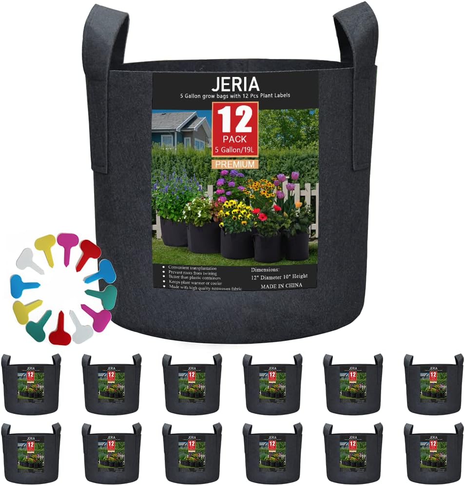 JERIA 12-Pack 5 Gallon, Vegetable/Flower/Plant Grow Bags, Aeration Fabric Pots with Handles (Black), Come with 12 Pcs Plant Labels