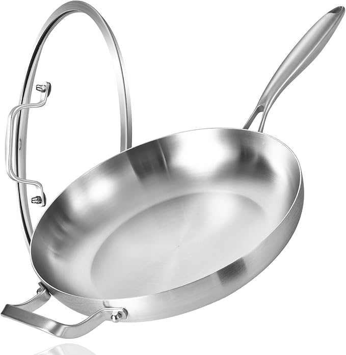 LOLYKITCH 12 Inch Tri-ply Stainless Steel Frying Pan with Lid and Helper Handle,Skillet,Induction Cooking Pan,Dishwasher and Oven Safe,Detachable Handle.