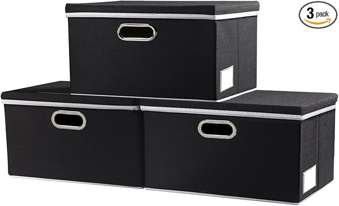 PRANDOM Storage Boxes with Lids [3-Pack] Fabric Collapsible Storage Bins Organizer Containers Baskets Cube with Cover for Home Bedroom Closet Office Nursery Black（11.4X8.6X6.7