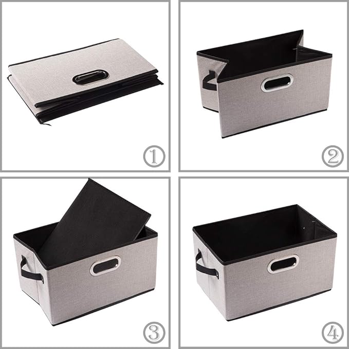 PRANDOM Fodable Storage Bins for Closet [3-Pack] Decorative Fabric Storage Baskets Cubes with Leather/Metal Handles for Shelves Bedroom Living Room Light Grey (11.5x8.5x6.7 Inch)
