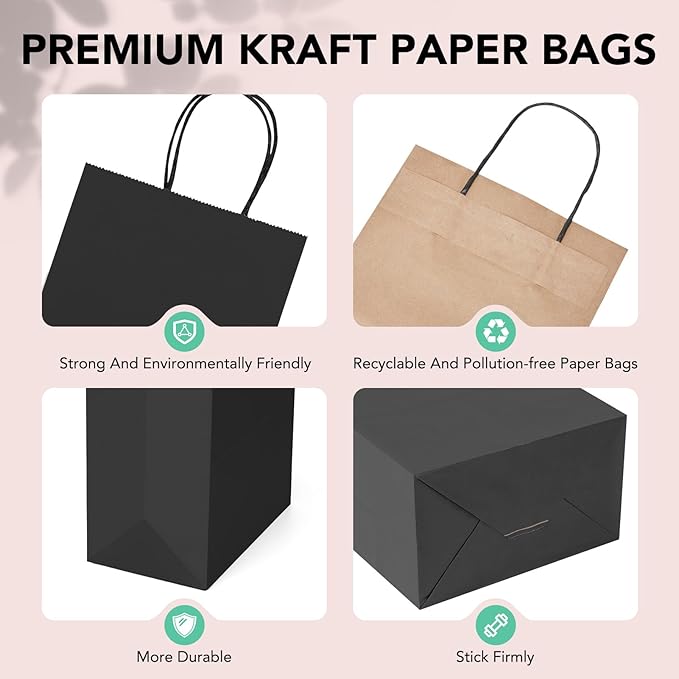 METRONIC 20 Pack 5.25x3.75x8 Small Black Gift Bags, Kraft Paper Shopping Bag with Handles for Small Business, Boutique, Gift Wrap, Bulk