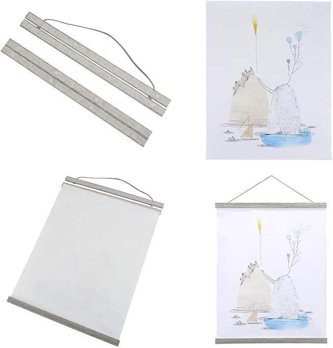 Magnetic Poster Hanger, 40x27 40x30 40x60 Poster Frame Wood Wooden Magnet Print Posters Dowel Scroll Hanger Hangers Hanging Kit for Walls Map Canvas Artwork (Grey, 40")