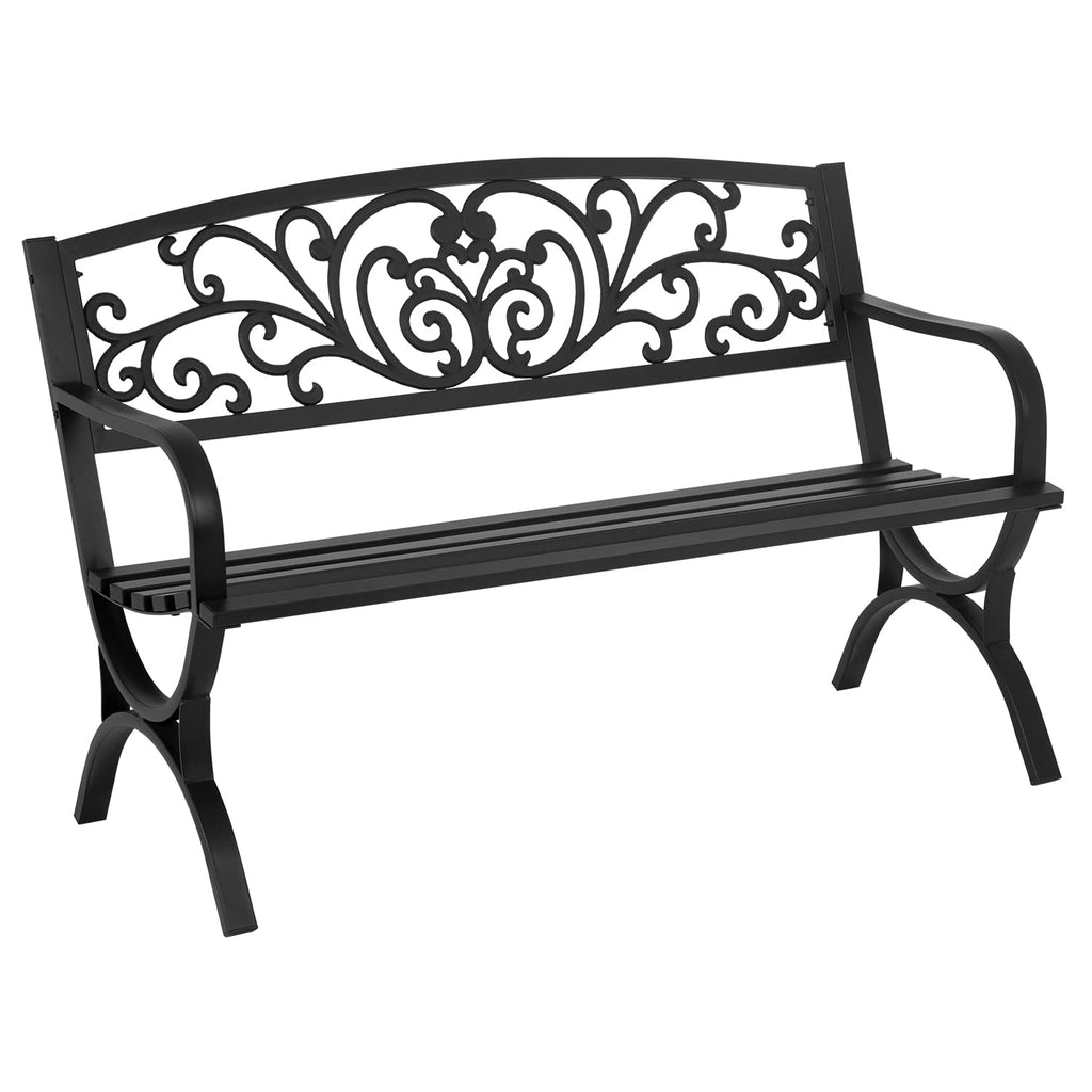 Patio Garden Bench 50 inch Outdoor Metal Loveseat Chairs with Armrests Slatted Seat and w/Floral Design Backrest for Park, Yard, Porch, Lawn, Balcony, Backyard, Black