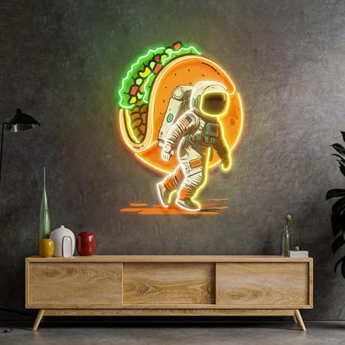 Astronaut Carrying Tacos Neon Sign,BusinessTacos LED Light,taco shop Décor Light Size:20 inch