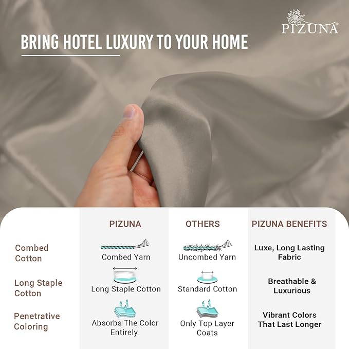 Pizuna 100% Cotton Queen 3 Pc Duvet Cover + 1 Pc Fitted Sheet Set 400 Thread Count Simply Taupe Sateen Weave Luxurious Long Staple Cotton 4 Pc Bedding Set-1 Duvet Cover,2 Pillow Shams,1 Fitted Sheet