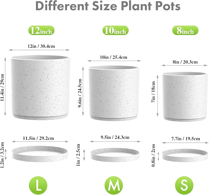 12/10/8 inch Large Plant Pots, 3 Pack Cylinder Deep Flower Pots for Outdoor Indoor Plants, Tall Plastic Planters with Drainage Holes and Saucers for Garden House Plants, Speckled White