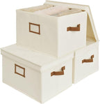 StorageWorks Storage Bins with Lids, Decorative Storage Boxes with Lid and PU Handles, Foldable Storage Baskets for Closet, Shelves, Stackable, Ivory White, Jumbo, 3-Pack