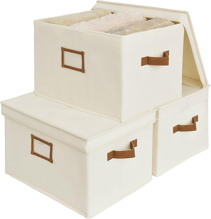 StorageWorks Storage Bins with Lids, Decorative Storage Boxes with Lid and PU Handles, Foldable Storage Baskets for Closet, Shelves, Stackable, Ivory White, Jumbo, 3-Pack
