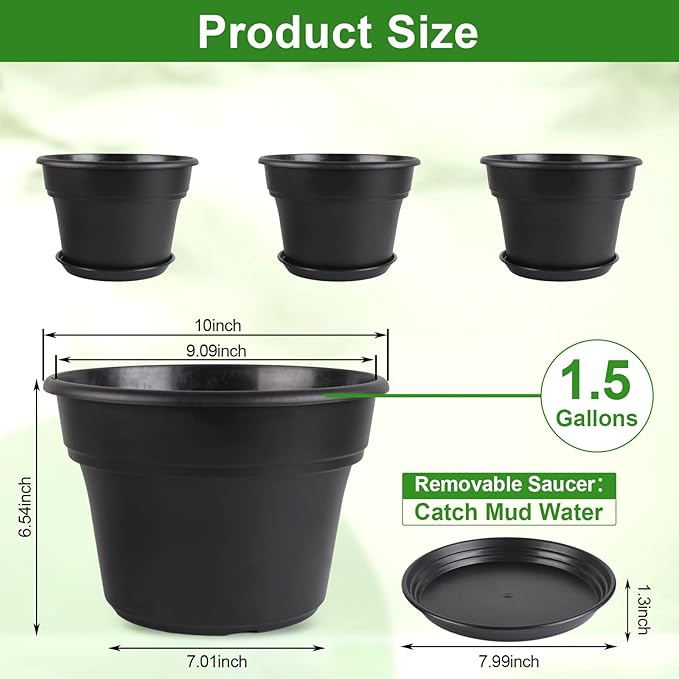 10-inch-Plant-Pots-Indoor-Outdoor, 4 Pack Plastic Planters with Drainage Holes & Saucers, Resin Flower Pots with Trays, Classic Garden Pot Container for House