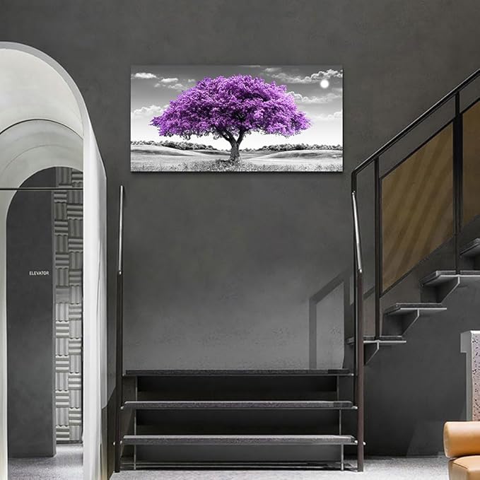 Large Canvas Wall Art for Living Room Wall Decor for Office Aesthetic Bedroom Wall Decorations Purple Tree Landscape Painting Black and White Pictures Artwork Room Modern Home Decor