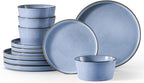 Herogo 12-Piece Stoneware Dinnerware Set for 4, Dinner Plates and Bowls Sets, Double Reactive Glaze Dishware Place Setting for Kitchen, Scratch Resistant, Microwave Safe, Haze Blue