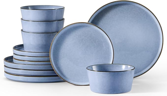 Herogo 12-Piece Stoneware Dinnerware Set for 4, Dinner Plates and Bowls Sets, Double Reactive Glaze Dishware Place Setting for Kitchen, Scratch Resistant, Microwave Safe, Haze Blue