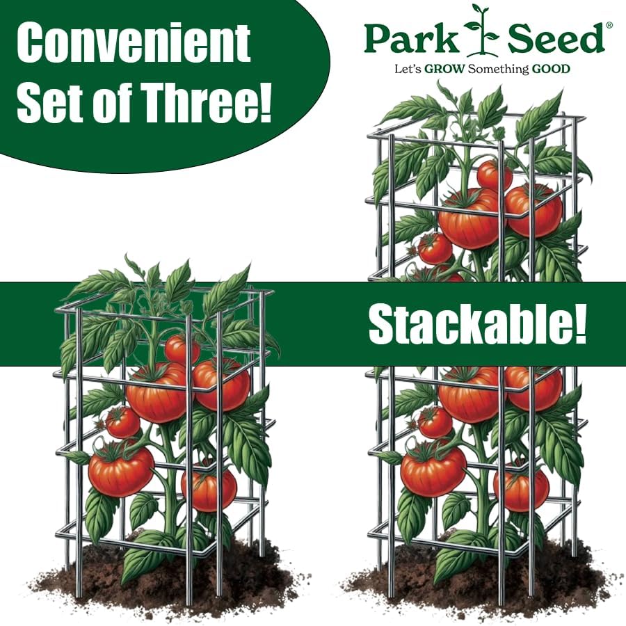 Park Seed Tomato Cages – 48" Tall Heavy-Duty Plant Supports for Tomatoes, Peppers, Cucumbers, and Climbing Vegetables, Foldable Metal Garden Trellis, Pack of 3