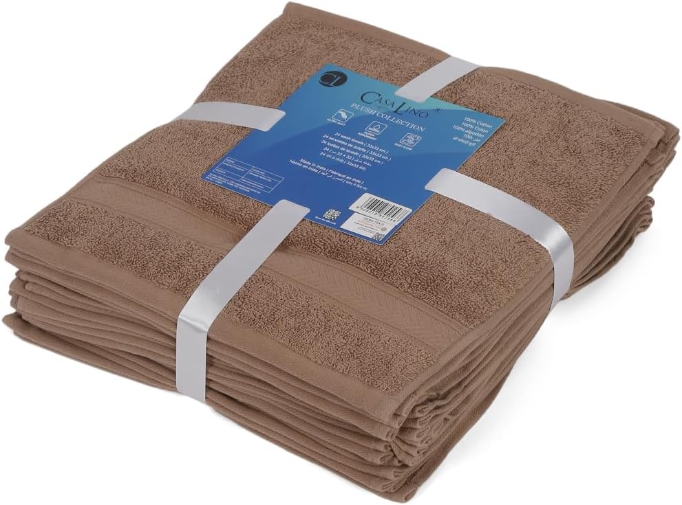 Casa Lino Face Towels & Body Wash Cloths for Showering - 100% Cotton Wash Cloths for Bathroom - Highly Absorbent & Quick Drying Washcloth Set - Cotton Washcloths 24 Pack (12" x 12") - (Brown)