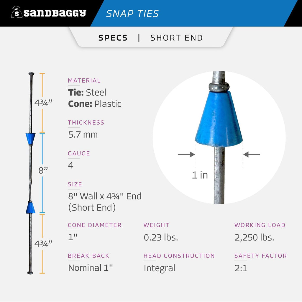 8" Standard Snap Ties for Concrete Forms - 1" Plastic Cones, Integral Heads - 2:1 Safety Factor, 2,250 lbs Working Load - Construction Grade 4 Gauge Steel (Short End - 4.75", 50)