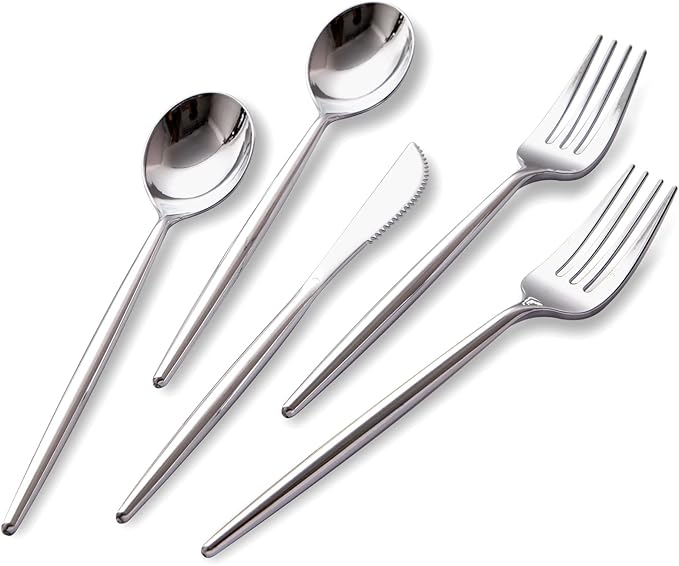 SUT 150Pcs Silver Plastic Silverware, Silver Disposable Cutlery, Heavy Duty Disposable Silverware, Plastic Utensils Include 50 Plastic Forks, 50 Plastic Spoons, 50 Plastic Knives