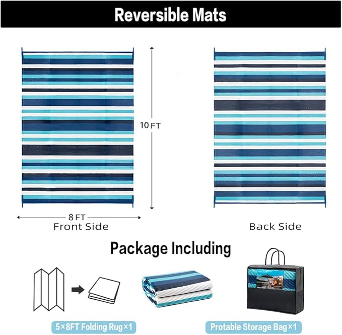 Outdoor Waterproof Rug 8'x10' Plastic Straw Rugs Washable Reversible Floor Mat Blue Stripe Carpet for Camping RV Deck Entryance Porch Picnic Balcony Beach Backyard