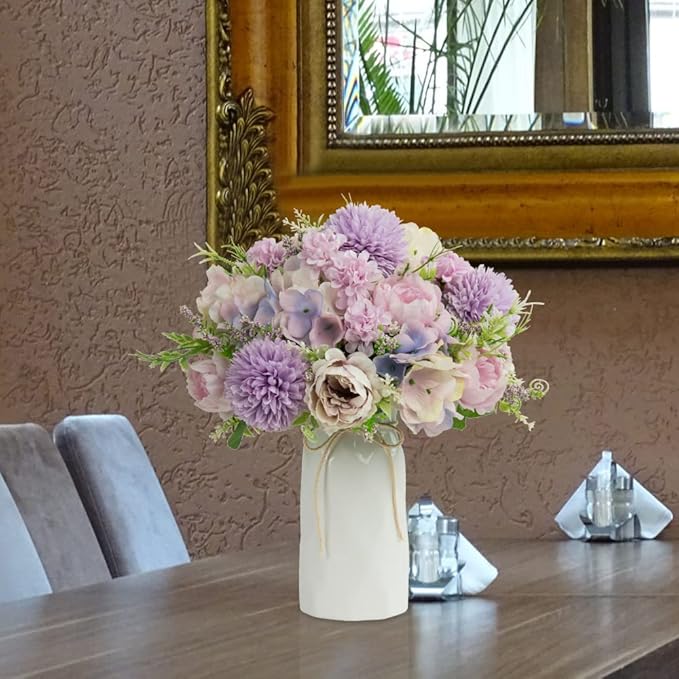 LESING Artificial Peony with Vase Silk Flowers Bouquets Fake Hydrangea Bulks for Home Table Centerpieces Wedding Decoration(Purple-1)