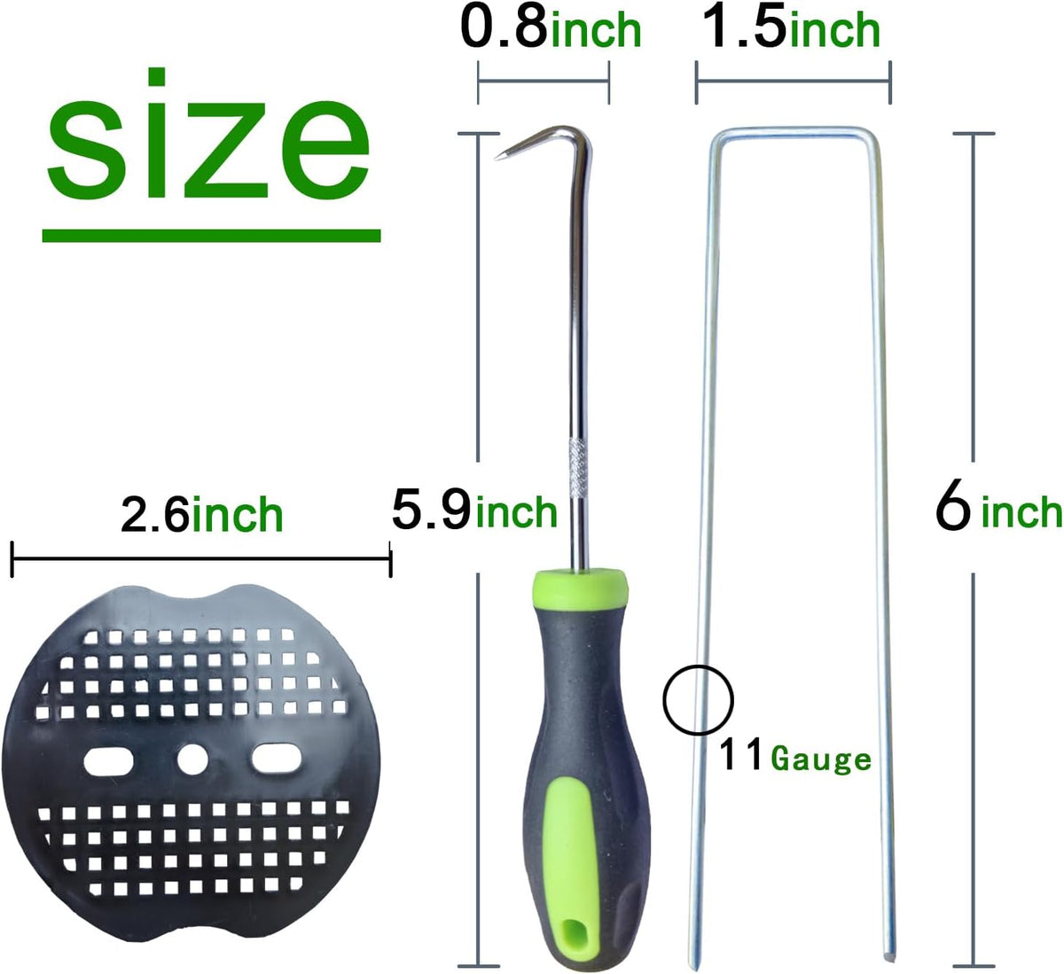 200Pcs Landscape Staples with 200 Gasket with 1Pick Hook, 6 Inch Heavy Duty Garden Stakes 11 Gauge U Shaped Galvanized Lawn Pins for Weed Barrier Fabric