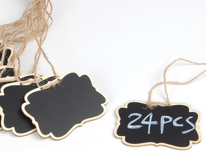 Wooden Mini Hanging Chalkboard Signs for Beverages Dispenser, Price Message Chalkboard Tags with String, Double-Sided Little Labels for Party Event Decorations, Table Numbers, 3.5x2.5, 24 Pack