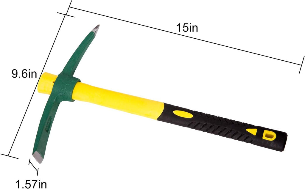 KINJOEK 15 Inch Pick Mattock Hoe, 1.4Lbs Forged Weeding Garden Pick Axe Pickaxe with Fiberglass Handle for Digging Loosening Soil, Gardening, Camping or Prospecting