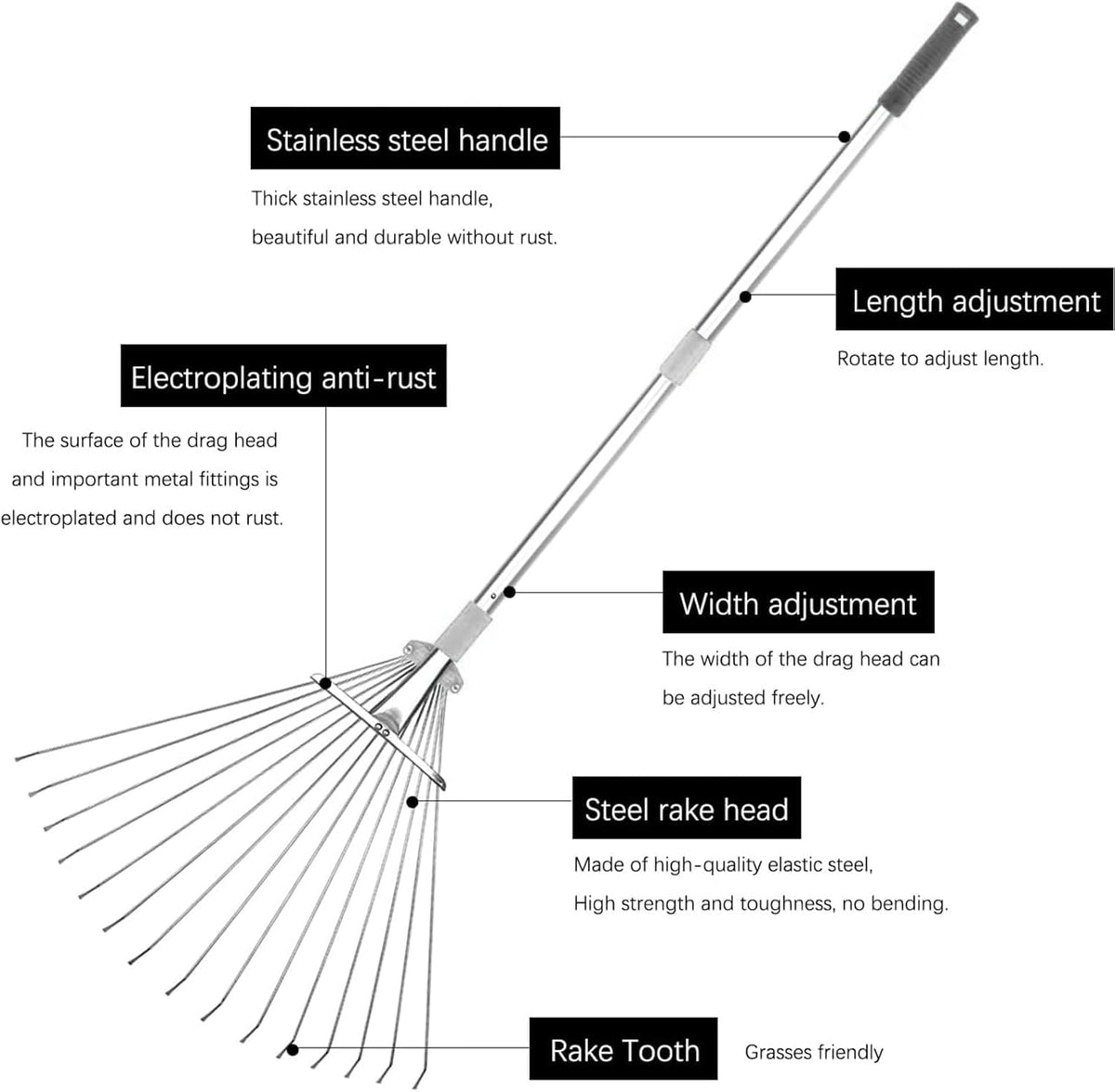 Buyplus Adjustable Garden Leaf Rake - 24 to 63 Inch Telescopic Metal Expandable Folding Leaves Rake, Metal Rakes for Leaves, Yard Rakes for Lawn Yard, Flowers Beds, Sliver