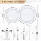 BESTVIP 350PCS Silver Plastic Dinnerware Set, Disposable Party Plates for 50 Guests, Include: 100 Plastic Plates, 50 Pre Rolled Napkins with Silver Silverware, 50 Cups