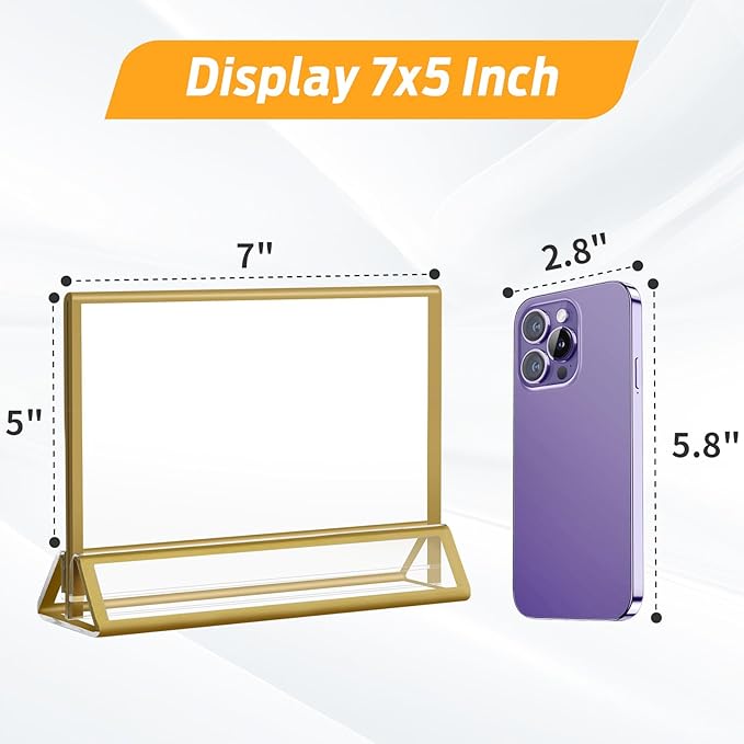 Smarpau 7x5 Gold Acrylic Sign Holder, 8 Pack Double Sided Holders Menu Holder for Wedding Party, Picture Frames Stands, Flyer Stand, Paper Display Stand Table Number Holders for Cafe, Restaurant