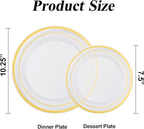 100PCS Clear Gold Plastic Plates Set, 50 10.25 inch Dinner Plates and 50 7.5 inch Dessert Plates, Disposable Plates for Party, Wedding