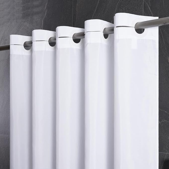 Furlinic 72x75 Waterproof No Hook Needed White Shower Curtain,Soft Polyester Fabric Bathroom Curtain with 10 Rustproof Split Grommet,Light Weighted & Washable, Hotel Style, Standard Size.