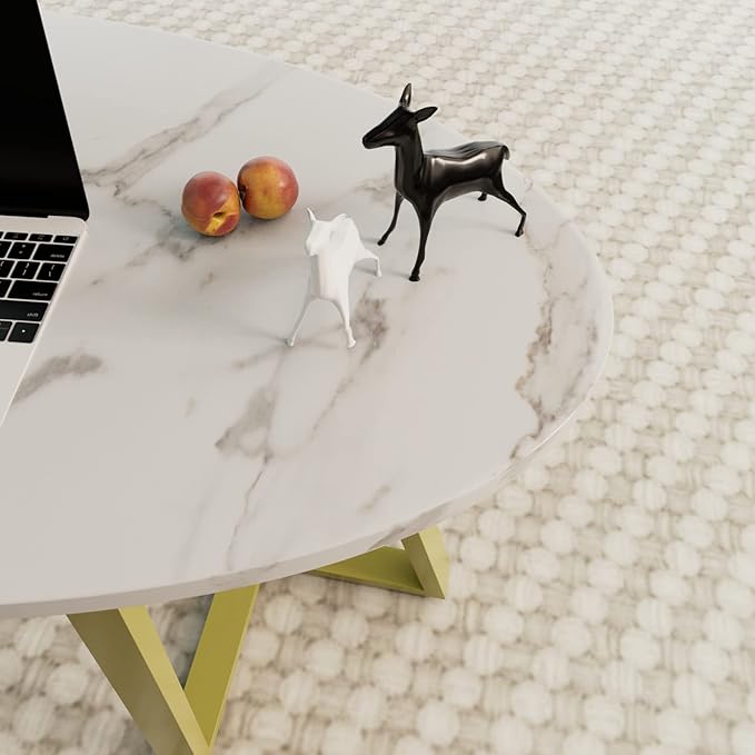Coffee Table White Faux Marble Coffee Table for Living Room,Oval Center Tables Modern Tea Table for Small Space,Wooden Living Room Tables End Table with Sturdy Gold Metal Leg