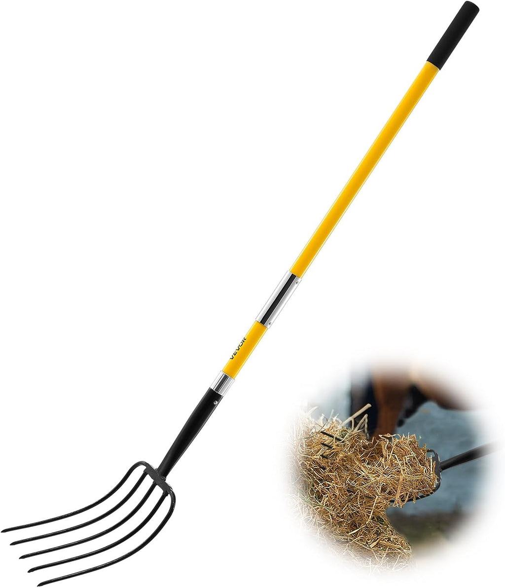 VEVOR Garden Fork, 5-Tine Gardening Pitchfork with Fiberglass Handle, 57 in Heavy Duty Digging Fork with Y Grip, Forged Steel Spading Fork for Hay Potato Composting Transplanting Aeration