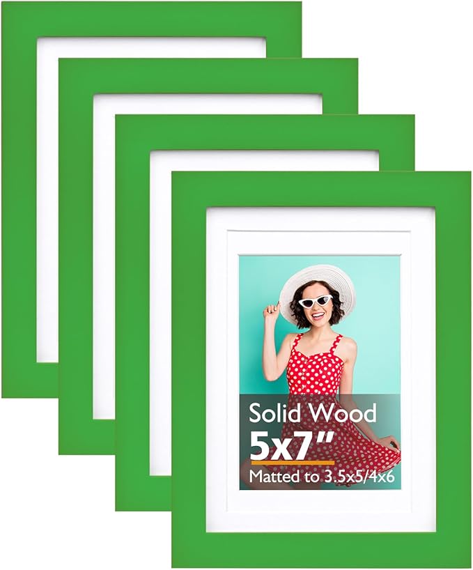 KINLINK 5x7 Picture Frame Grass Green, Solid Wood Frames with Acrylic Plexiglass for 3.5x5/4x6 with Mat or 5x7 without Mat, Tabletop and Wall Display Photo Frame 4 Pack